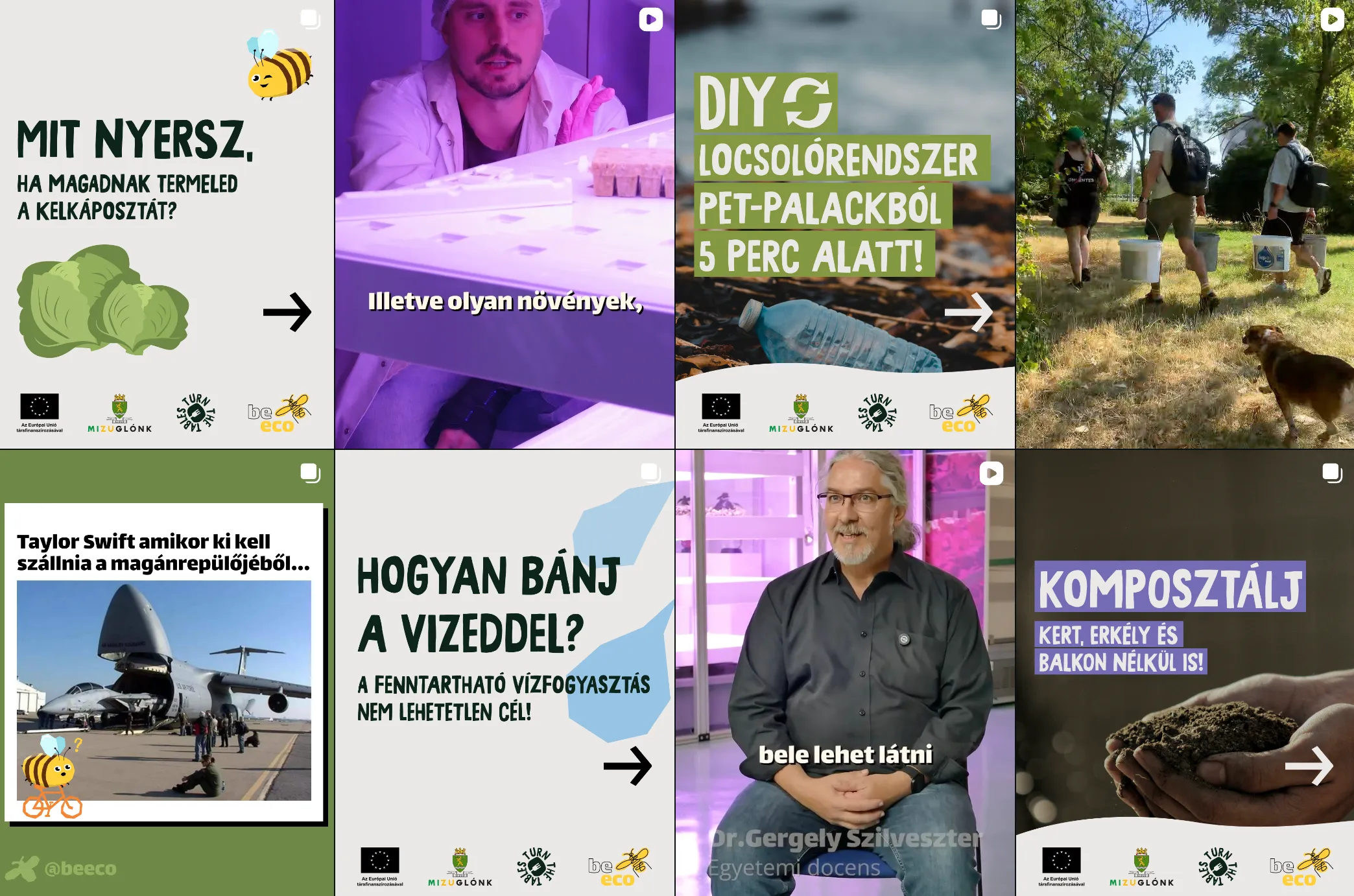 Vegyes környezetvédelmi témájú social media posztok, többek között kelkáposzta termesztés, PET-palackból locsolórendszer készítése, fenntartható vízfogyasztás és komposztálás.