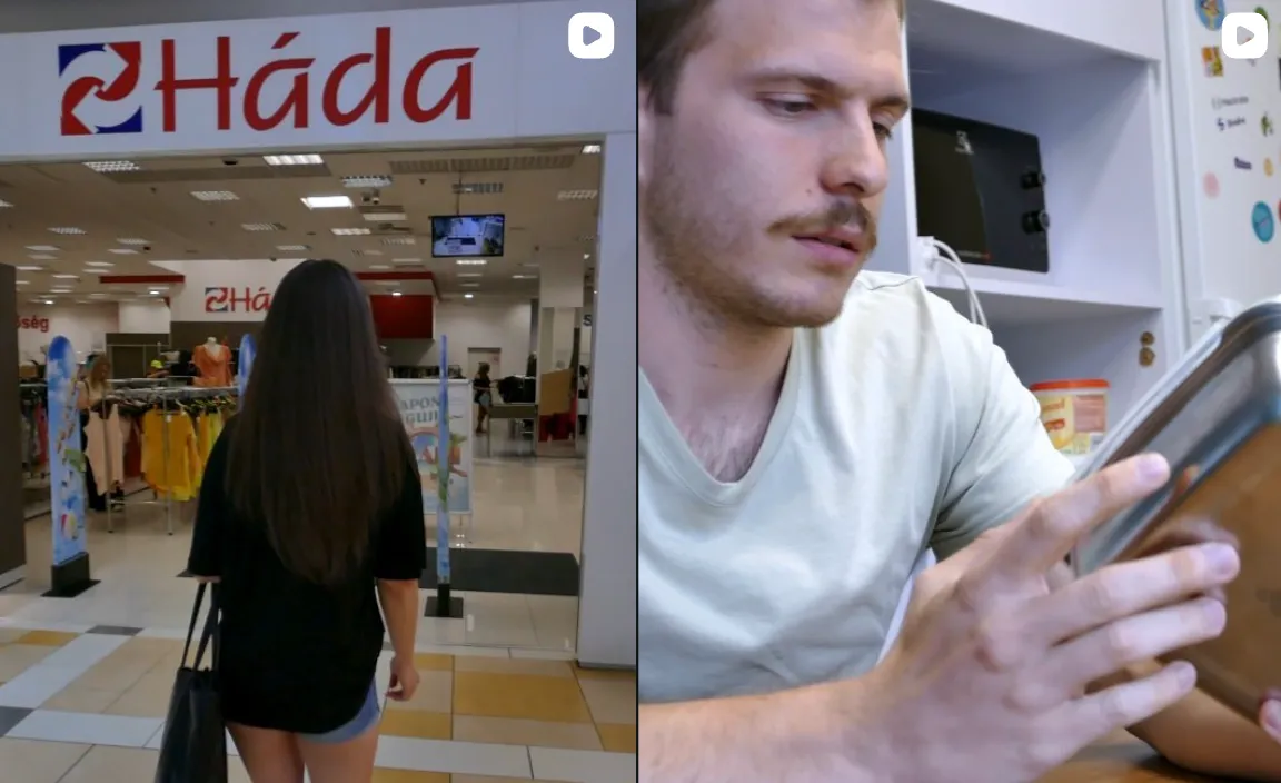 Nő hosszú hajjal sétál a Háda üzlet bejárata felé egy bevásárlóközpontban, mellette egy férfi egy ételt tart egy konyhában.