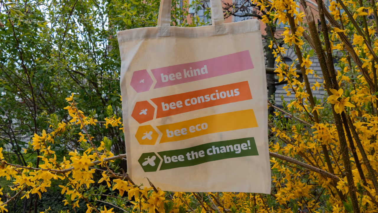 Textileszatyor sárga virágokkal teli bokor előtt, felirattal: bee kind, bee conscious, bee eco, bee the change.
