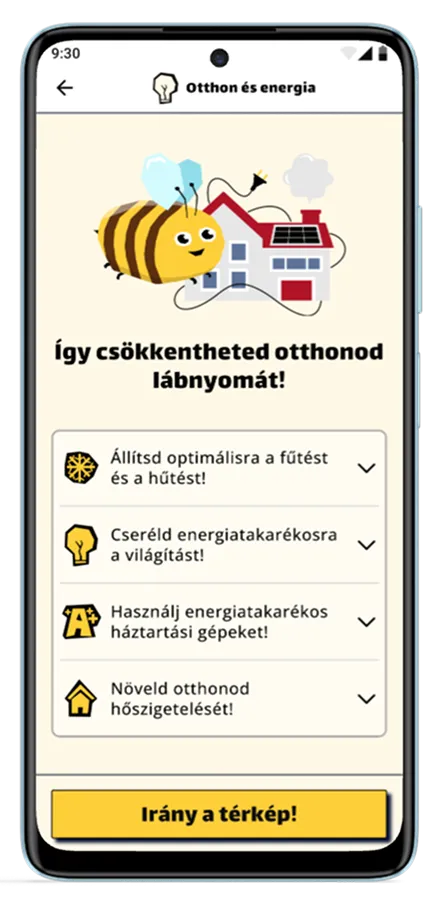 Okostelefon képernyőjén otthon energia megtakarítását bemutató alkalmazás, amely egy méhecskét és egy napelemmel ellátott házat ábrázol, és tanácsokat ad az otthon energiafogyasztásának csökkentésére.