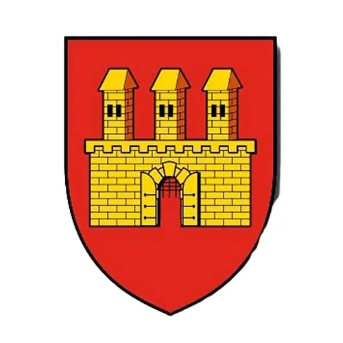 Piros pajzs három sárga vártoronnyal és kapuval középen.