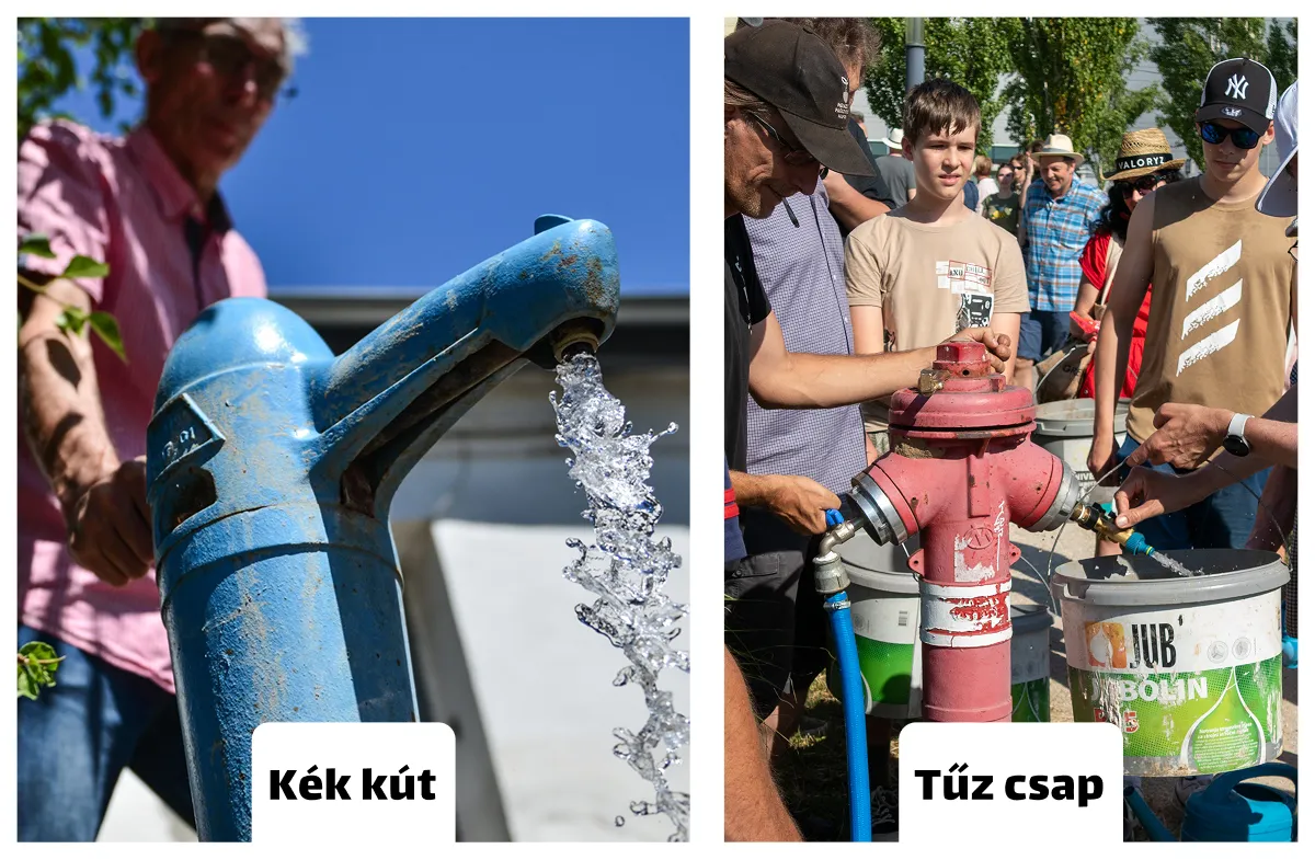 Kék kutat működtető férfi és tűzcsapot használók gyerekekkel nyilvános helyen.