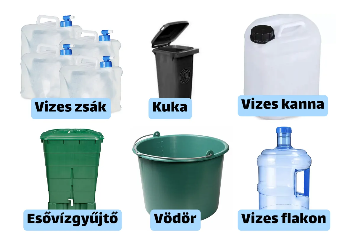 Vizes zsákok, kuka, vizes kanna, esővízgyűjtő, vödör és vizes flakon képei.