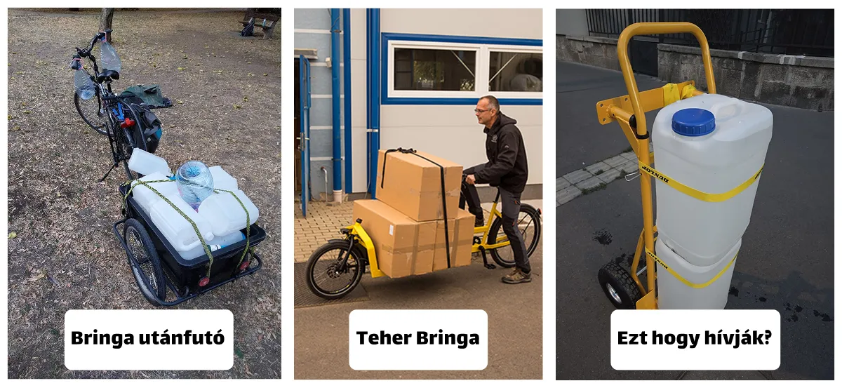 Három képen különböző teherbiciklik és egy kézikocsi, nagy tartályokkal, csomagokkal szállítva.