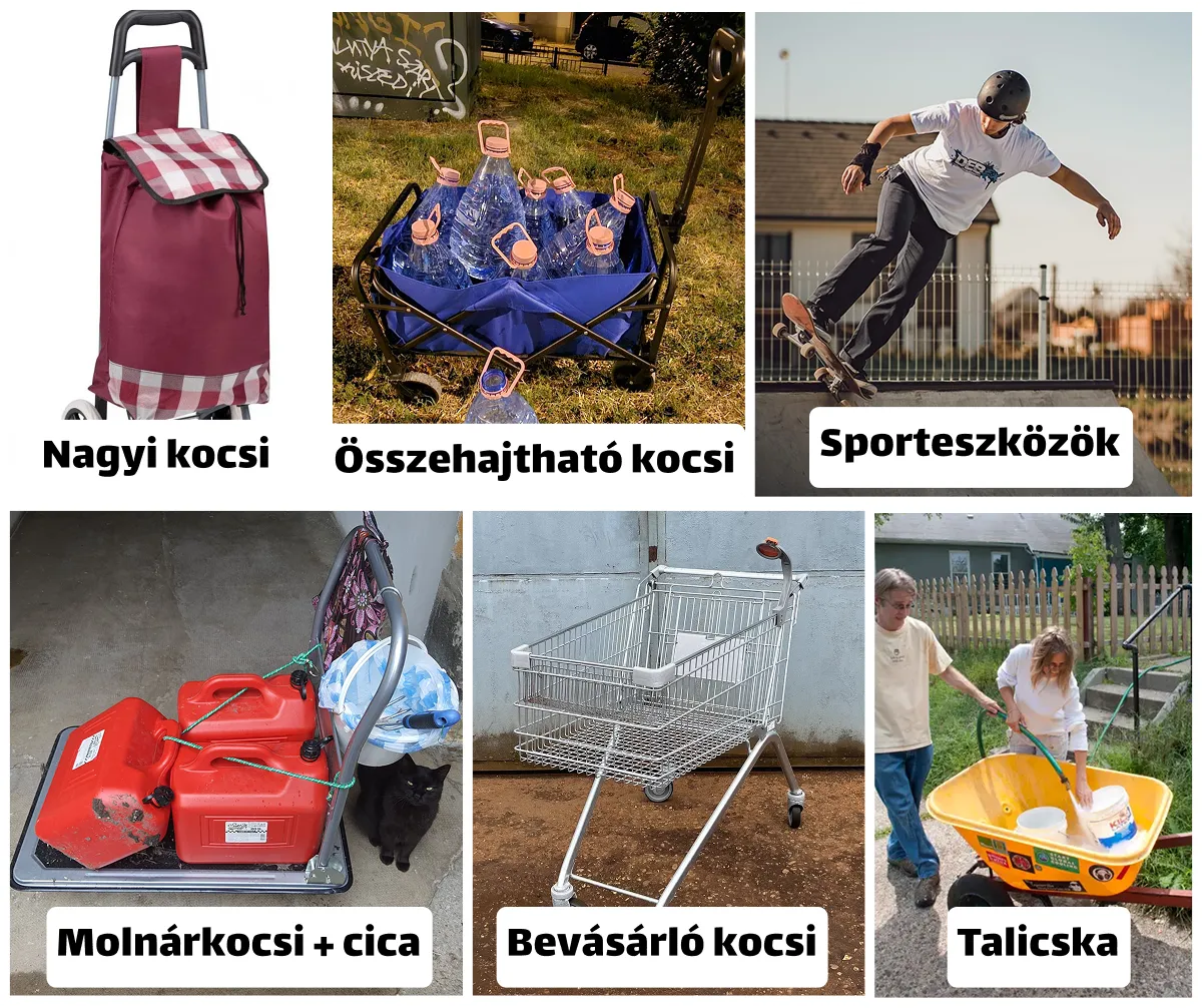 Hat különböző kocsi típus és sporteszköz, köztük nagy bevásárlókocsi, összecsukható kocsi, sportoló gördeszkával.