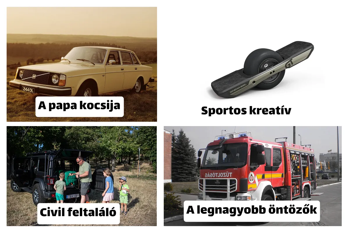 Négy kép: sárga régi autó, egykerekű deszka, család csomagol autóba, tűzoltóautó.