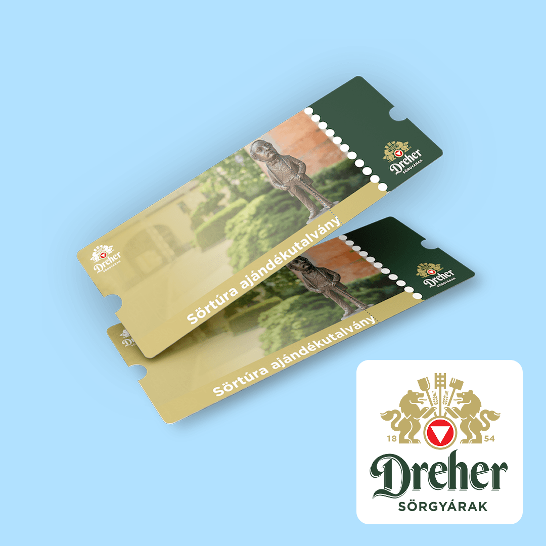 Két Dreher sörgyárak ajándékutalványjegy kék háttéren, Dreher logóval.