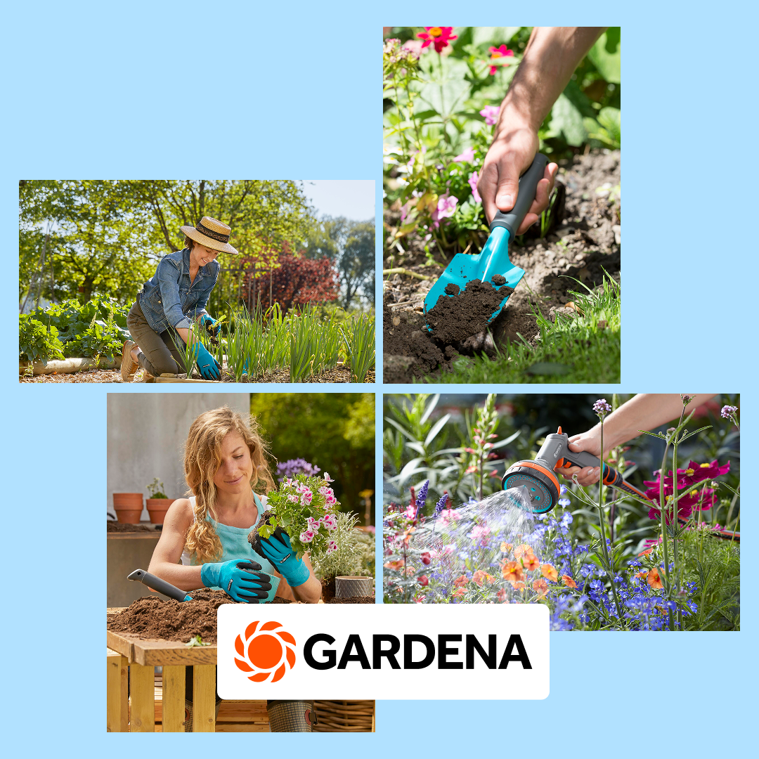 Nő kertészkedik, virágokat ültet, locsol és kapával dolgozik a Gardena kertészeti eszközökkel.