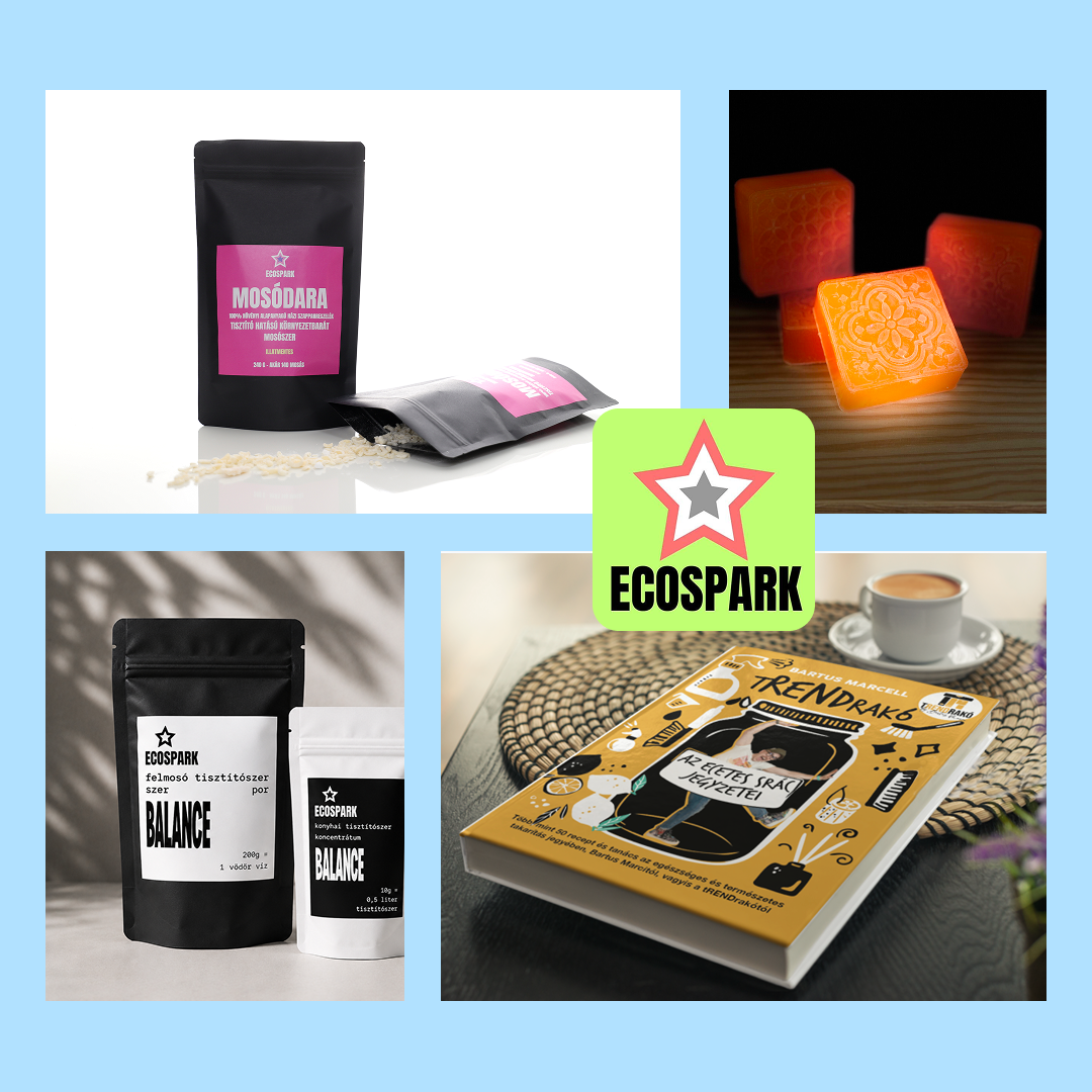 Ecospark tisztítószerek csomagolása, narancssárga mintás szappanok és Bartus Marcell könyve asztalon.