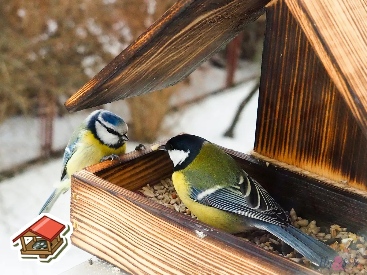 Kék cinege és széncinege egy fa madáretetőnél