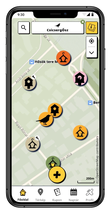A beeco app térképe madármegfigyelésekkel, itatókkal és odúkkal