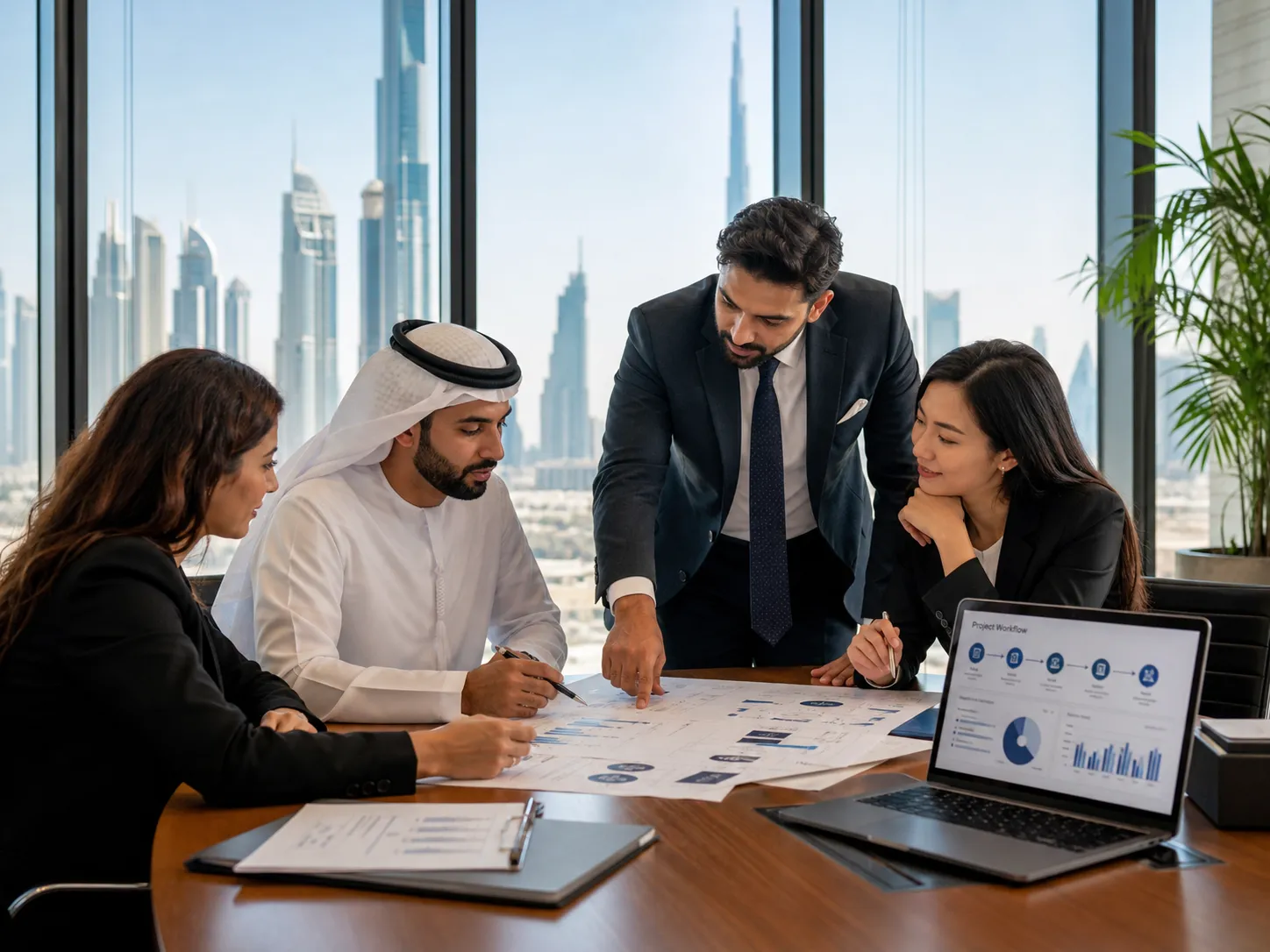 Business meeting with city skyline view