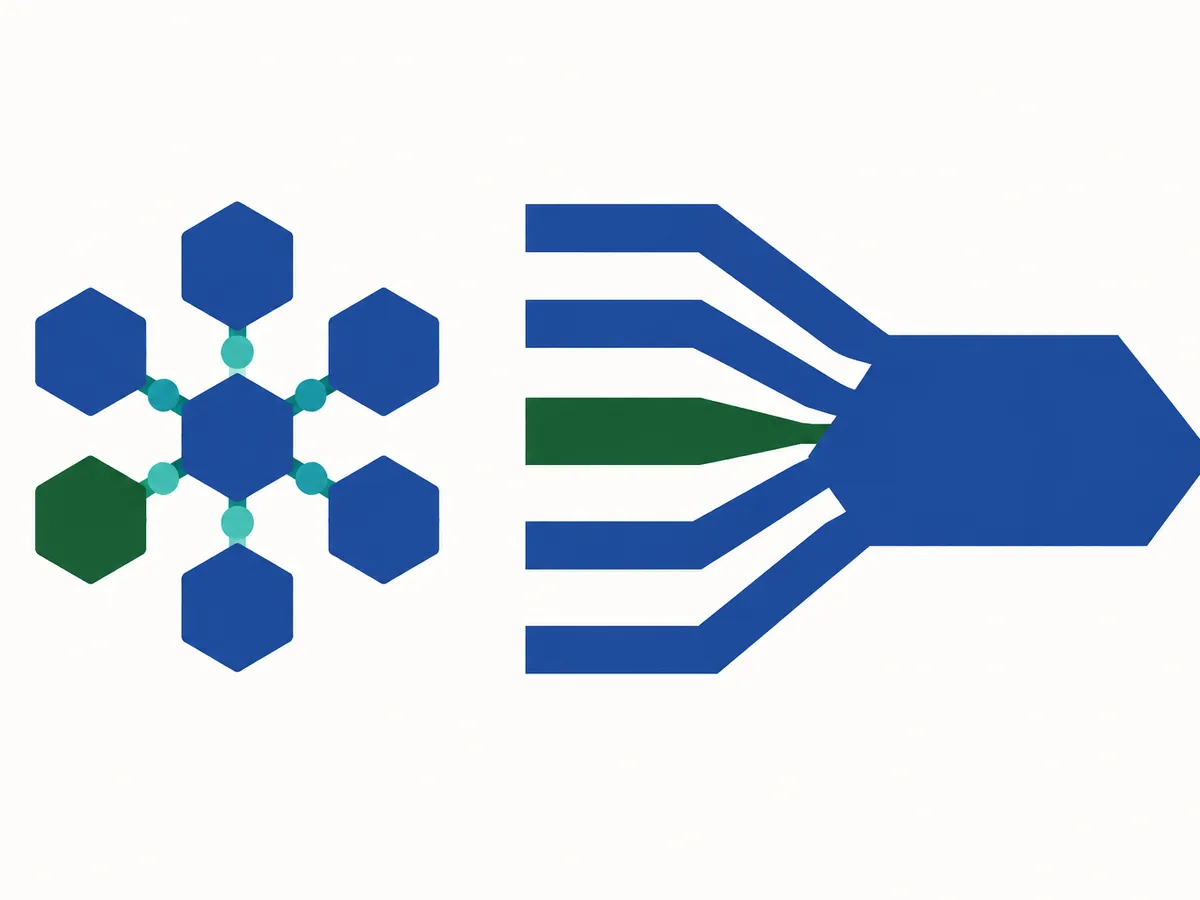 Flat-vector icon of a hexagonal team cluster beside six blue and green banded lanes converging into a solid blue arrow pointing right, symbolising several teams' work streams merging into one coordinated direction.