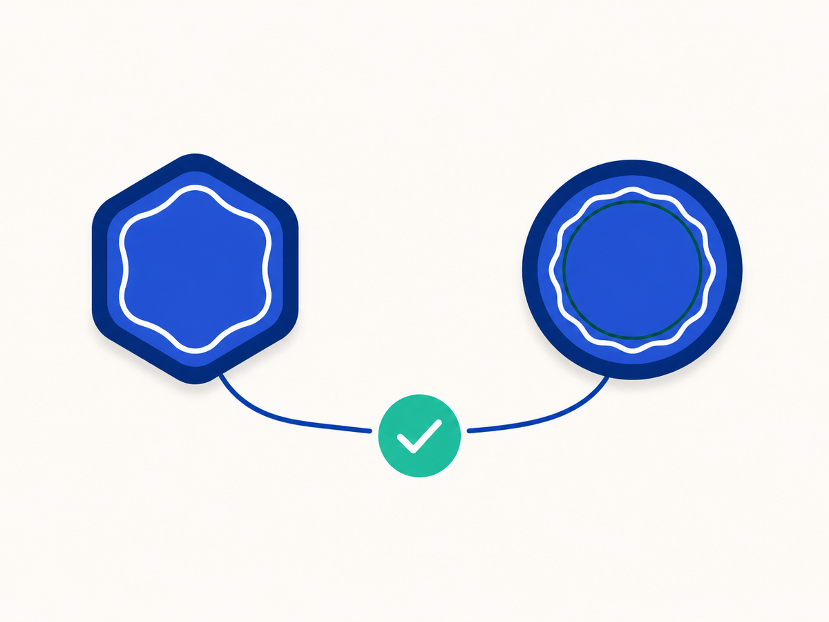 Flat-vector icon of a hexagonal badge and a circular badge, each linked by a curved line to a shared teal checkmark between them, symbolising two different certification paths both leading to the same successful outcome.
