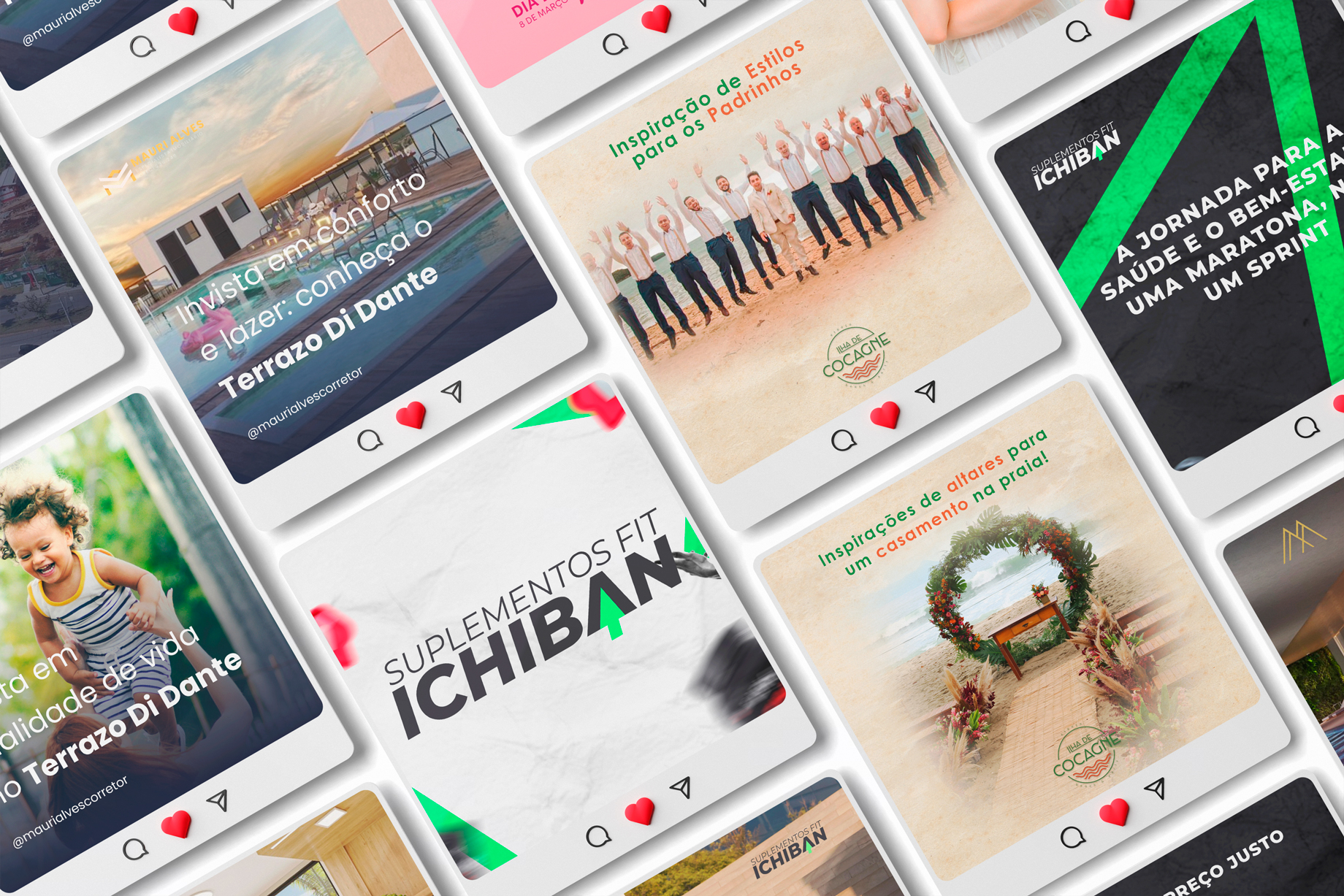Um feed com vários posts do instagram coloridos de diferentes empresas