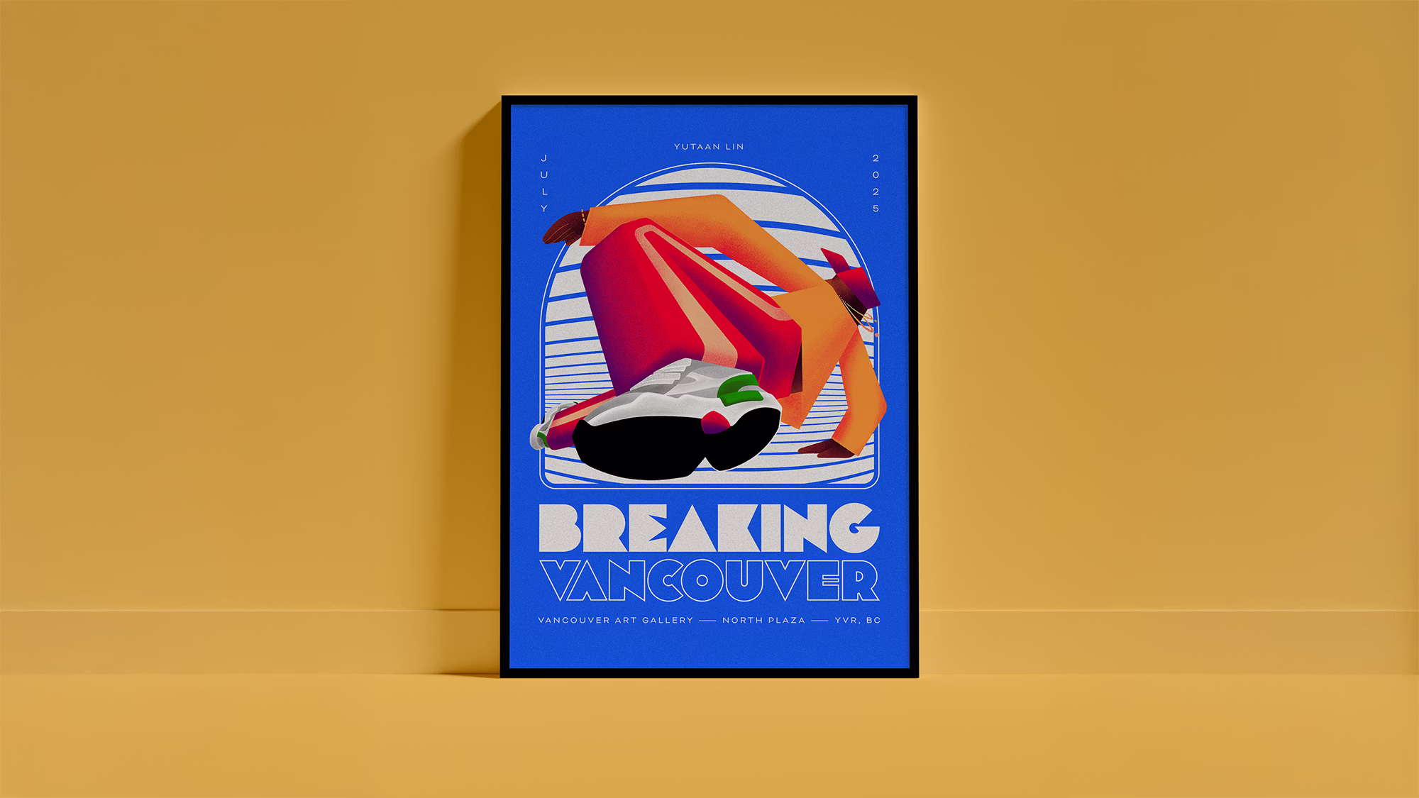 Framed poster with a stylized figure breakdancing in red and orange clothing on a blue background, titled 'Breaking Vancouver' with event details for Vancouver Art Gallery in July 2025.