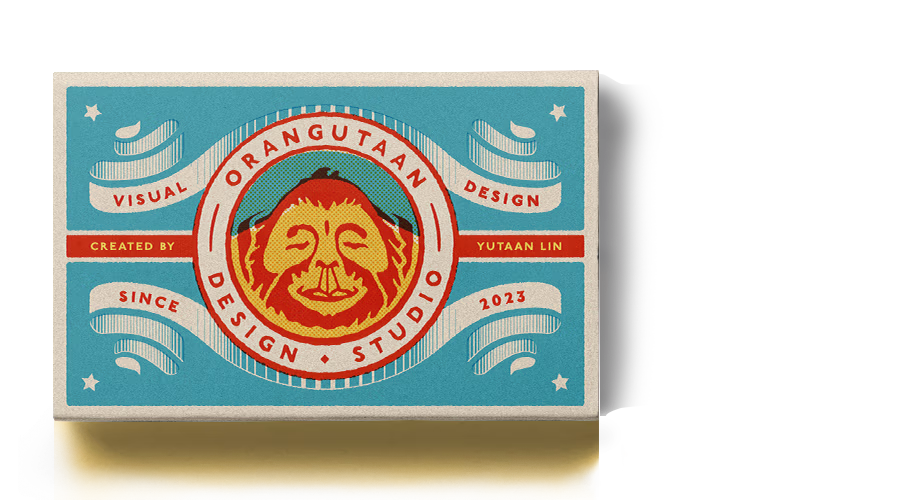 Vintage-style logo featuring a stylized orangutan face in a circular frame with text 'Orangutaan Design Studio', 'Visual Design', 'Created by Yutaan Lin', and 'Since 2023' on a blue background.