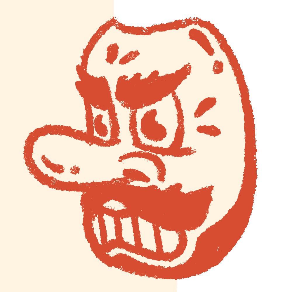 Abstract orange sketch of a Japanese Tengu with furrowed eyebrows, wide eyes, a large nose, and gritted teeth.