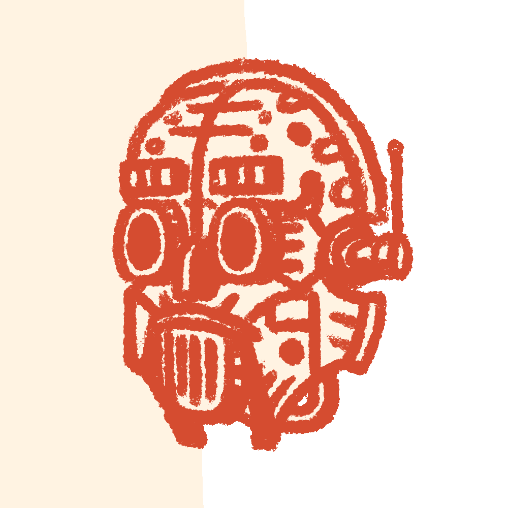 Red stylized robot head with circular eyes, antenna, and mechanical details.