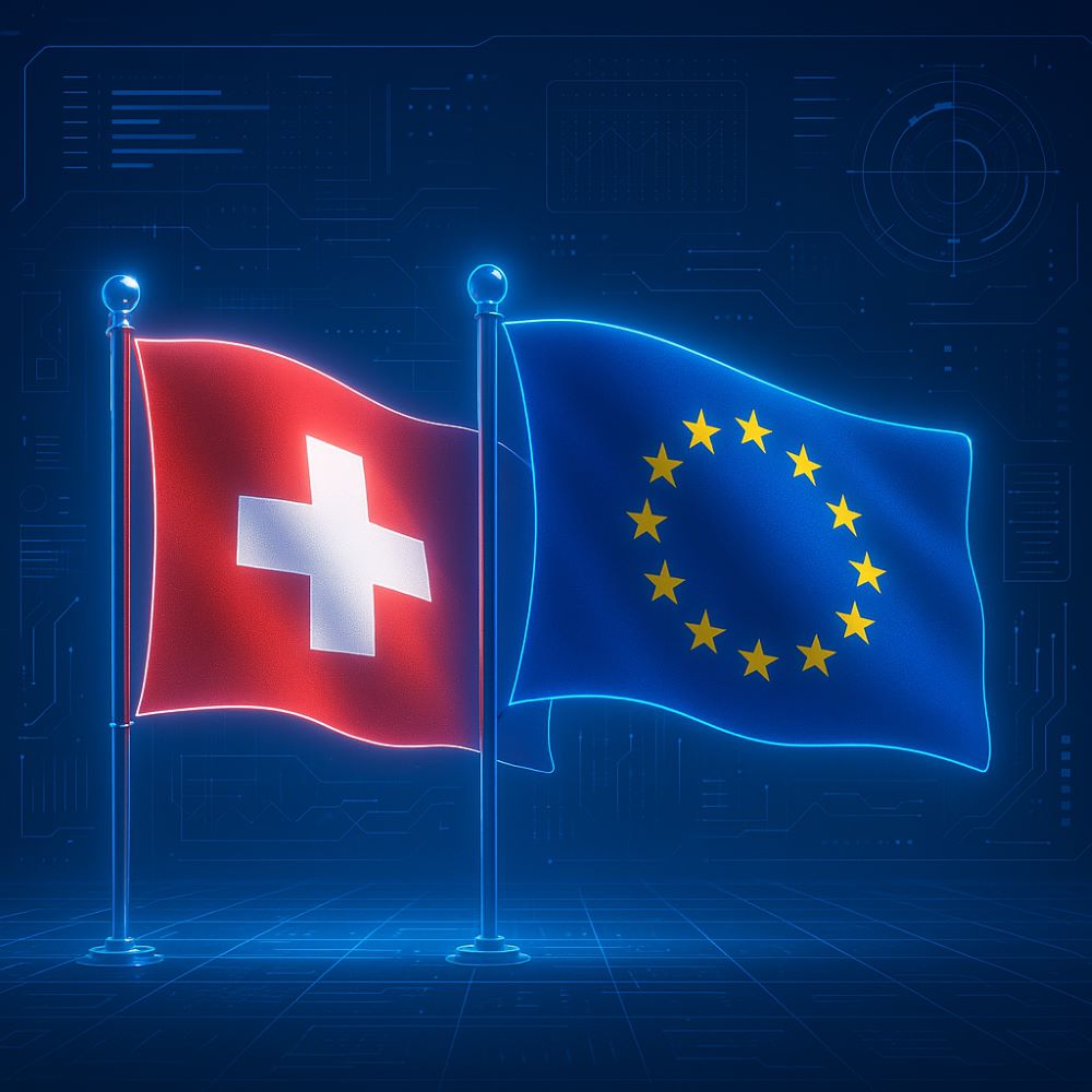 3D vector graphic of the flags of Switzerland and the European Union on a blue background with digital HUD interfaces, futuristically staged with glowing lines, data points, and holographic elements.