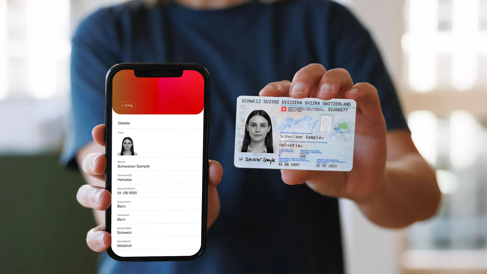 Person holding a smartphone displaying a digital Swiss ID and a physical Swiss identity card side by side, illustrating the concept of a mobile electronic ID.