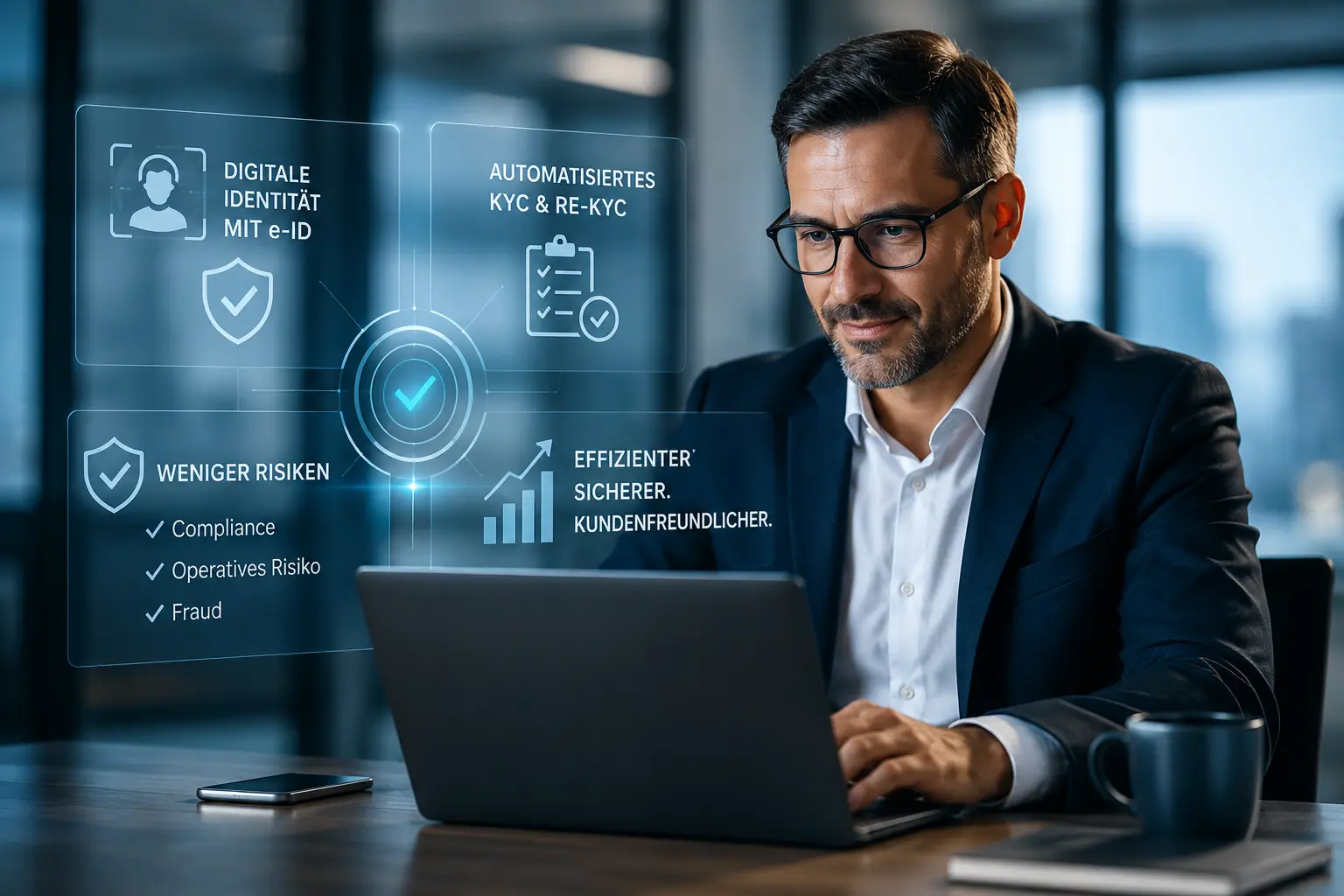 Bank employees using digital KYC and e-ID overlays in a modern office setting – an illustration of automated compliance and fraud processes with mesoneer.