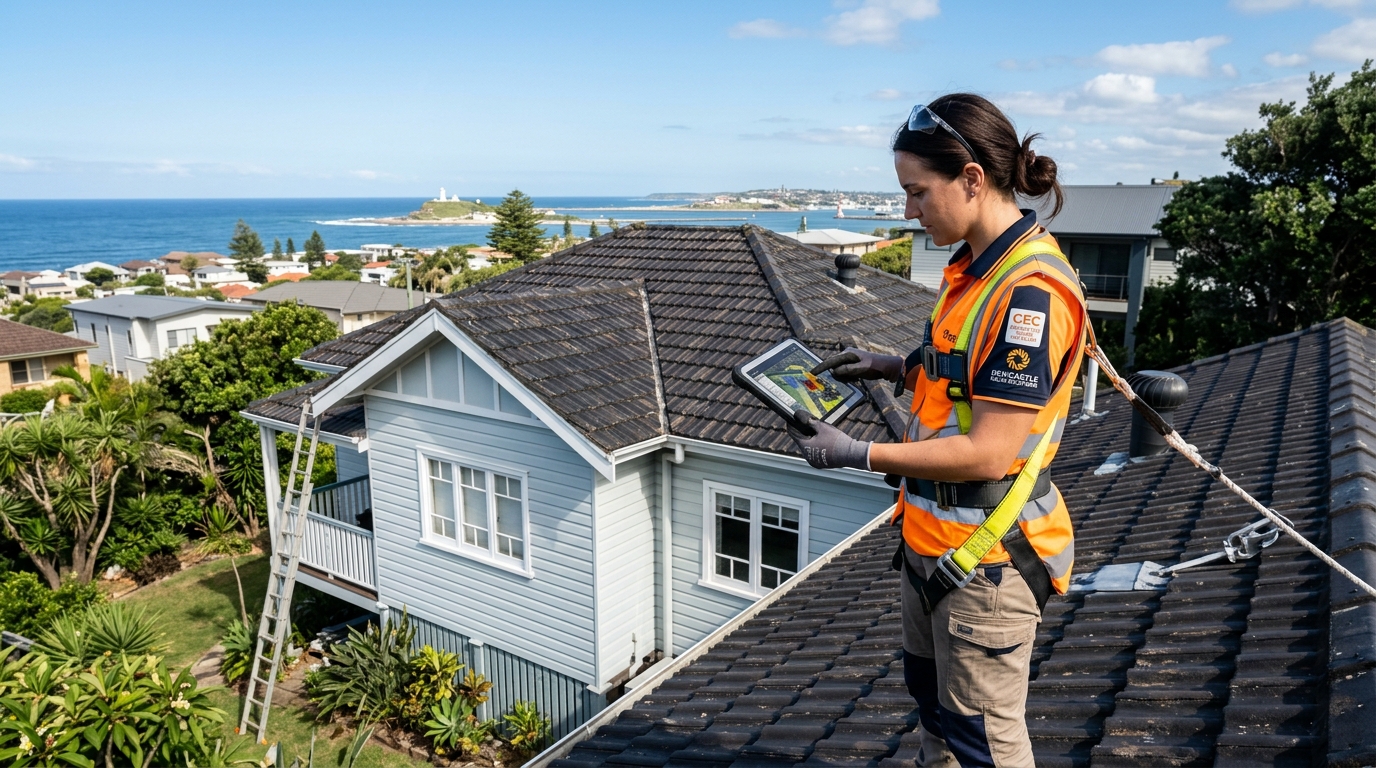 Solar installer conducting a roof site assessment on a Newcastle residential home before solar panel installation