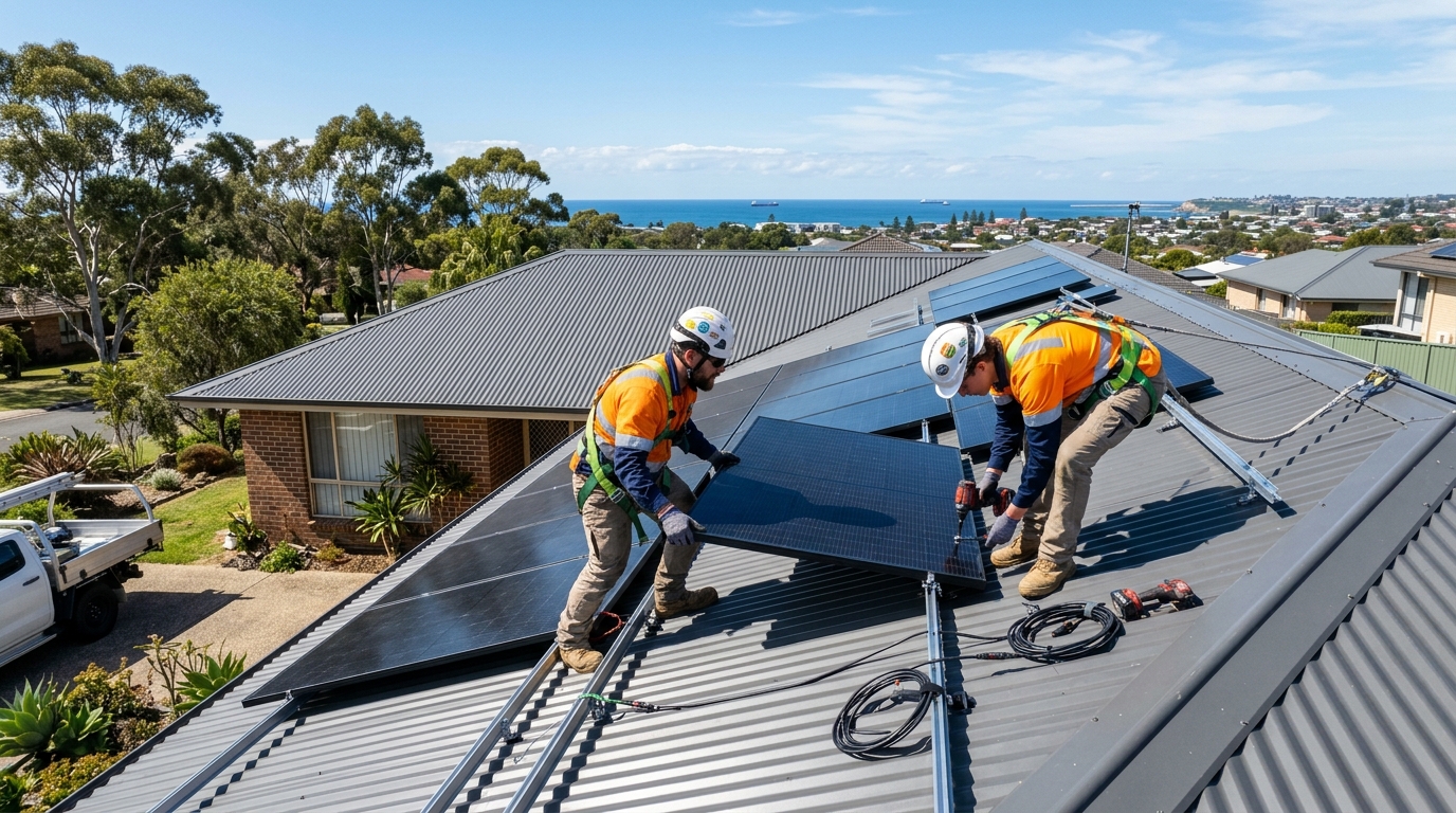 Sinewave Solar installers mounting monocrystalline solar panels on a Newcastle residential roof during a single-day installation