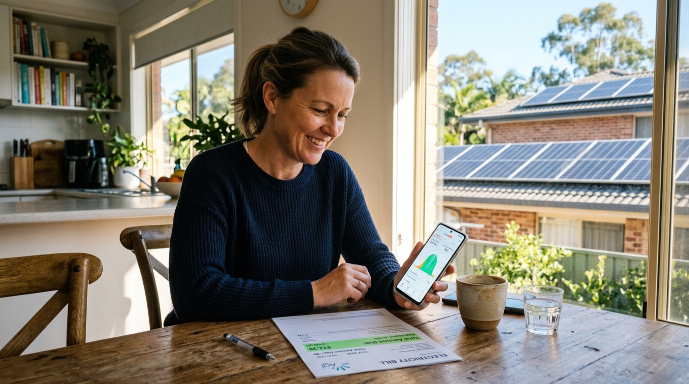 Newcastle homeowner monitoring solar panel output and savings on a smartphone app with solar panels visible through the kitchen window