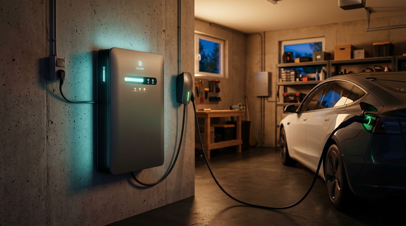 Home battery storage unit charging an electric vehicle overnight using stored solar energy in a Newcastle home garage