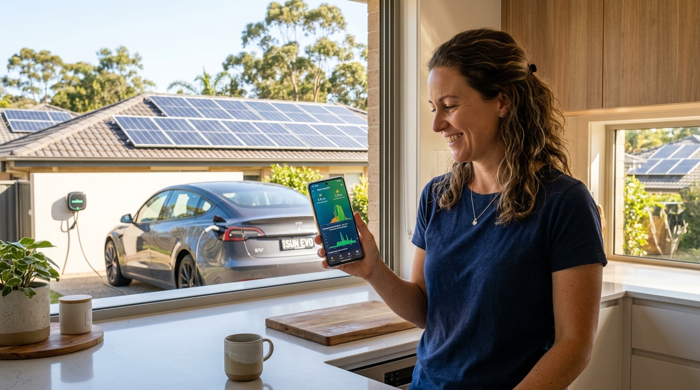 Newcastle homeowner checking solar panel output and EV charging savings on a monitoring app with their electric vehicle visible outside