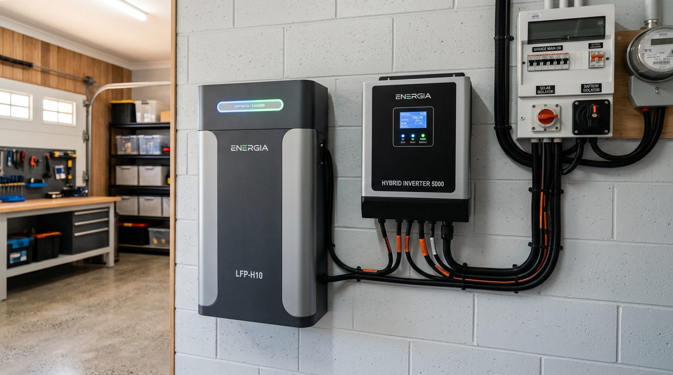 LiFePO4 home solar battery and hybrid inverter installed on a garage wall in a Newcastle residential home