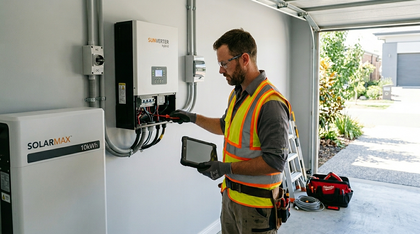 Sinewave Solar electrician commissioning a home battery storage system during an in-house installation in Newcastle