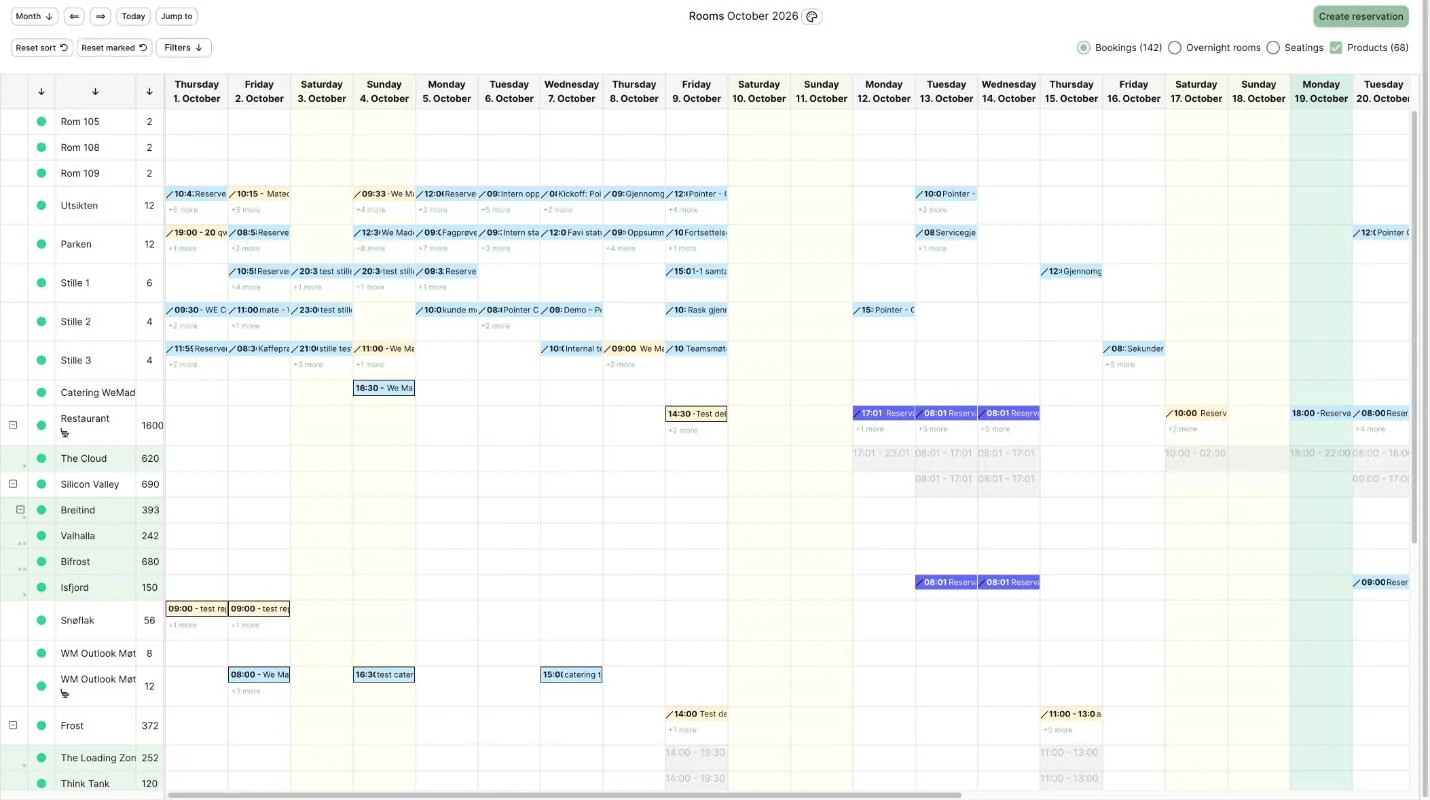 Romkalender i Webook med alle møterom og bookinger for en måned