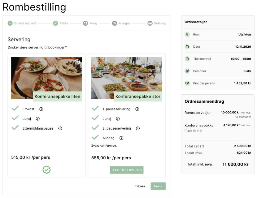 Webook Online: kunden velger konferansepakke, og ordresammendraget oppdateres med pris