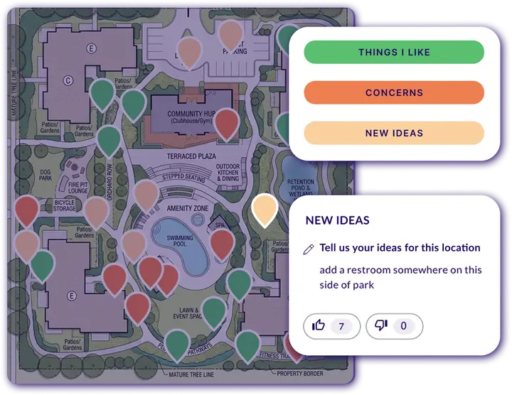 Site plan with map-based survey comment pins and a Comments and Ideas panel