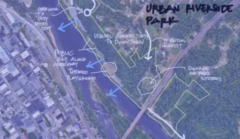 Annotated aerial map of a Hill Studio urban riverside park concept