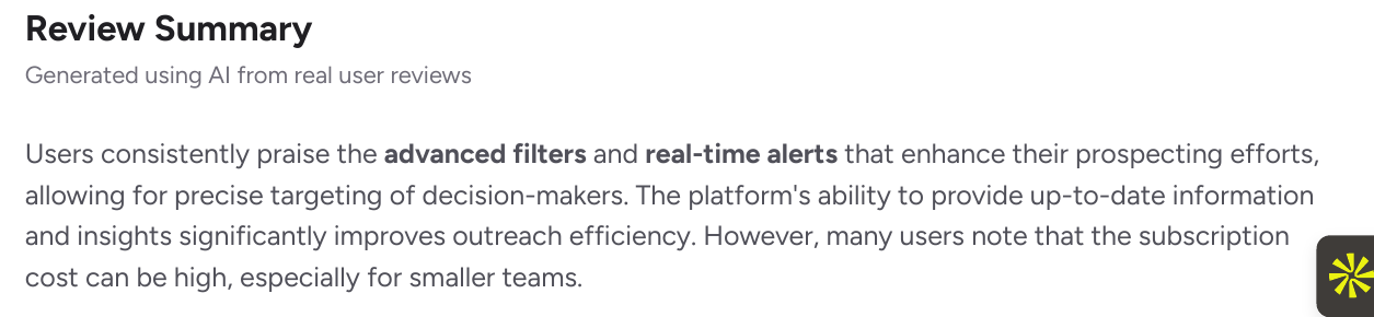 G2 review summary praising advanced filters and real-time alerts