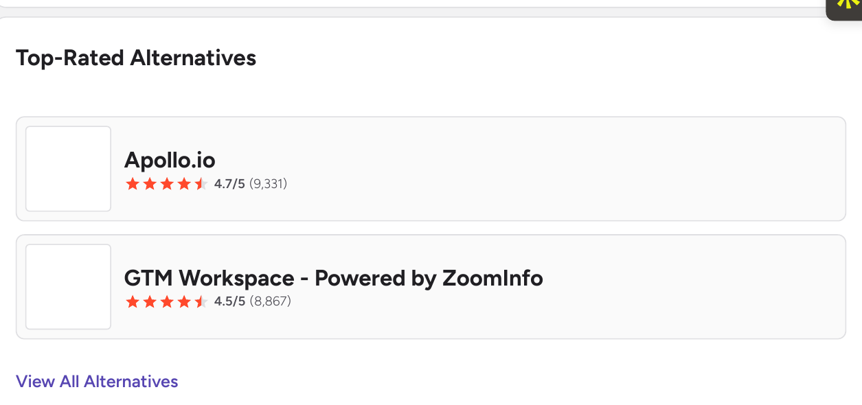G2 Top-Rated Alternatives: Apollo.io 4.7/5 and GTM Workspace by ZoomInfo 4.5/5