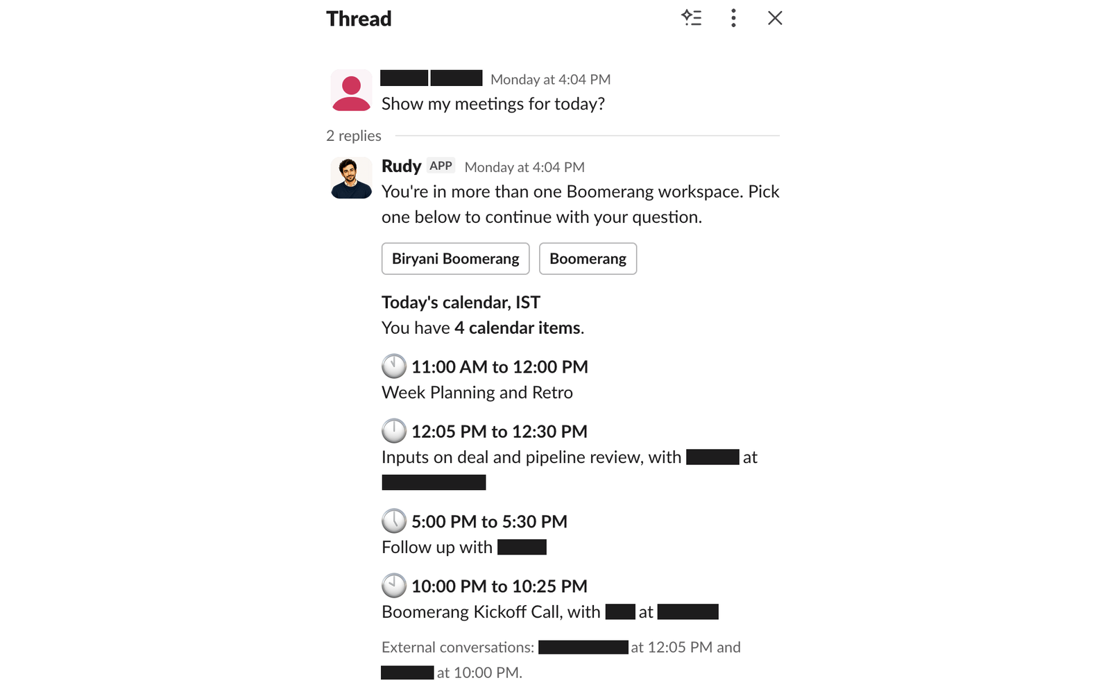 Rudy replying in a Slack thread with today's calendar, four meetings listed with times and attendees, and a note on which conversations are external