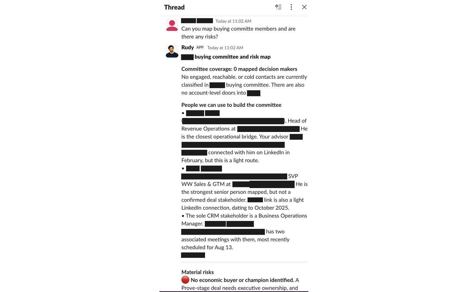 Rudy replying in a Slack thread with a buying committee and risk map, showing committee coverage, people who could build the committee, and material risks flagged