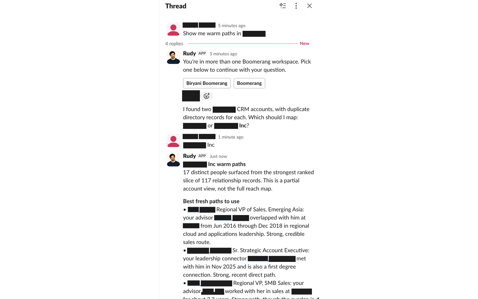Rudy replying in a Slack thread to the question Show me warm paths, asking which workspace and which CRM record to use, then listing ranked warm paths with the evidence behind each one