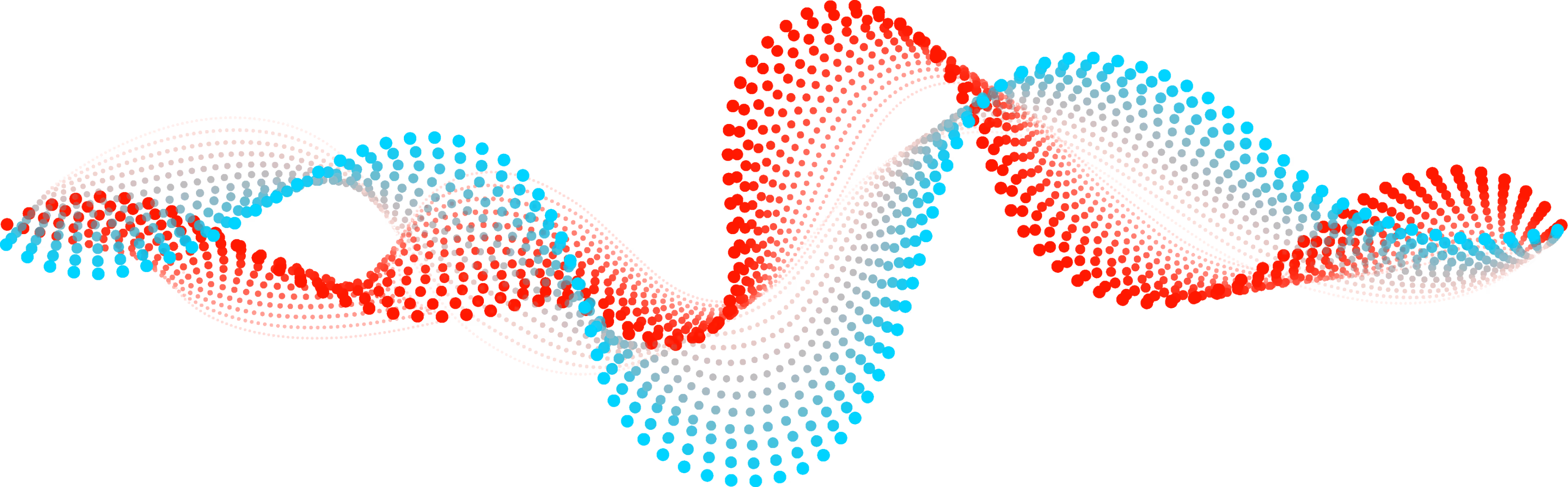 Abstract wave pattern formed by overlapping dots in red, blue, and gray on a black background.