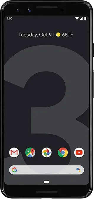 Google Pixel 3 smartphone home screen showing date, weather, and app icons including Gmail and YouTube.