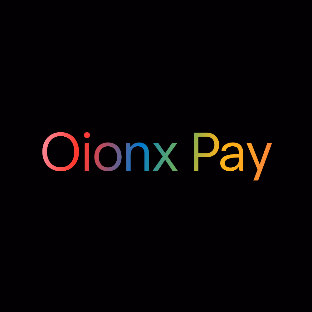 Text reading 'Oionx Pay' in a rainbow gradient on a black background.