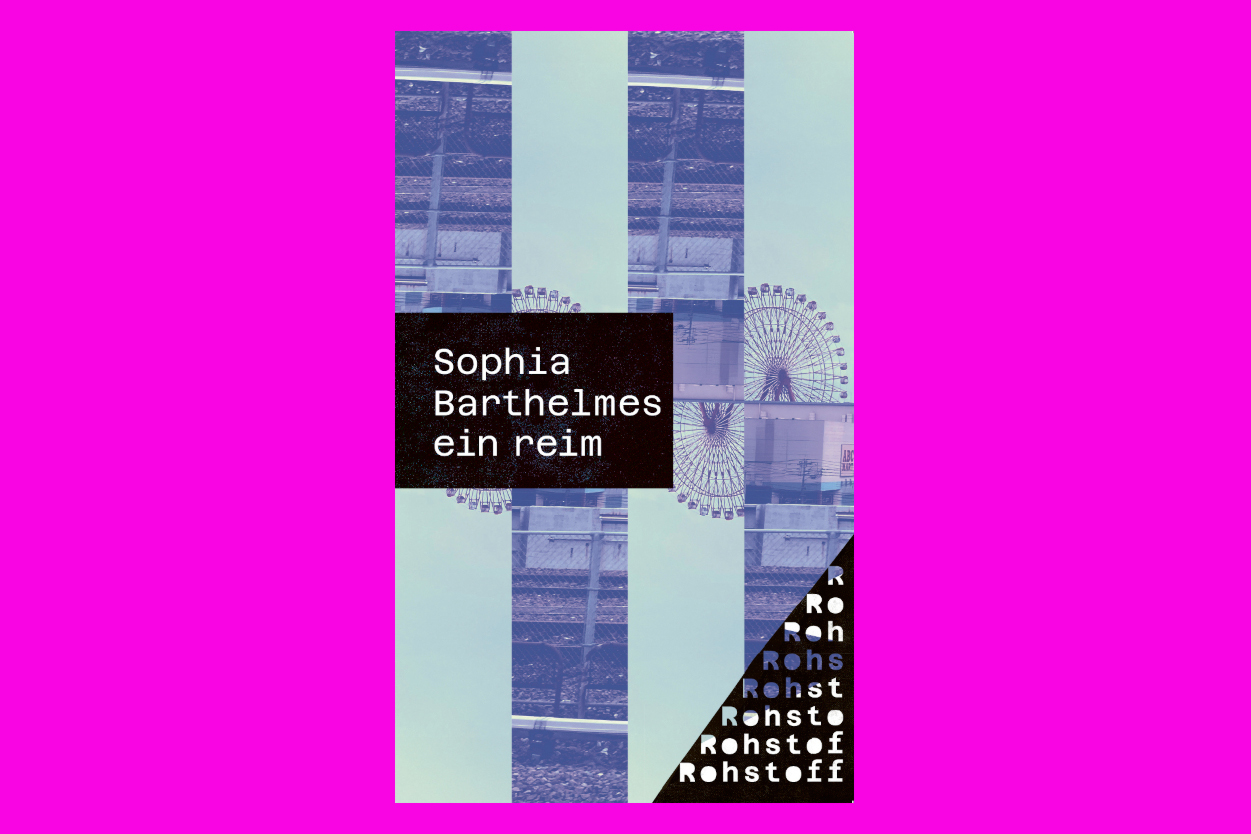 Buchcover von Sophia Barthelmes, Titel: ein reim, gedruckt in schwarzem Feld. Hinterlegt von einem Bild, abwechselnd richtigherum und auf dem Kopf stehen, eines Riesenrads und eines ABC Mart in Japan, in schwarz weiß auf blauem Grund gehalten.