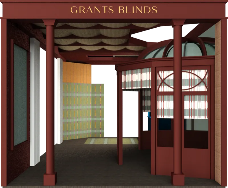 Grants Blinds shop entrance with red pillars and patterned window blinds inside.
