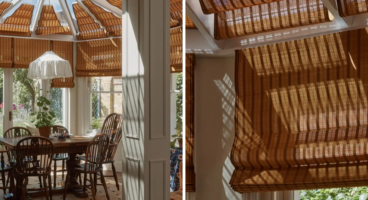 Bespoke IV Hokkaido bamboo Roman blinds shading the dining area of a London garden room.