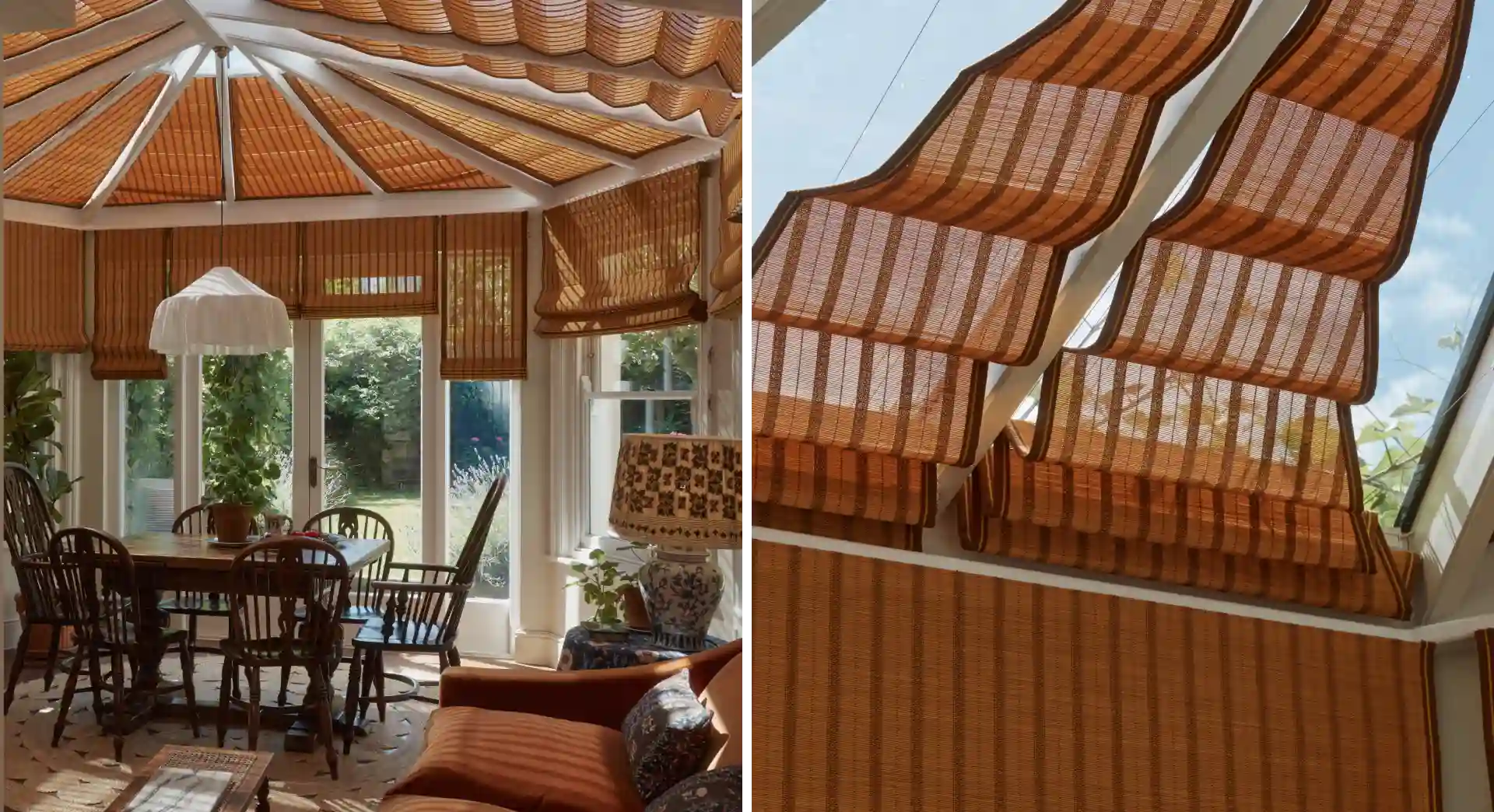 London garden room conservatory featuring custom motorized Japanese bamboo weave blinds by Grants