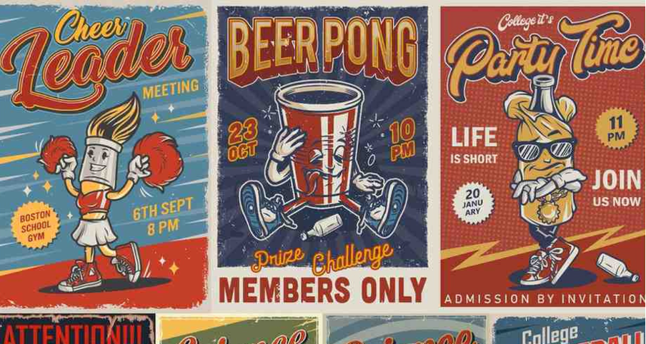 Vintage beer pong posters showcasing colorful, diverse designs from different eras in one collection.